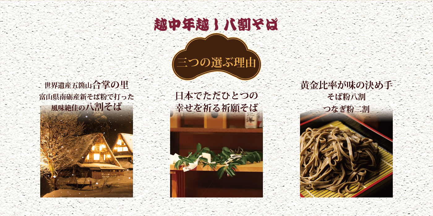 越中年越し八割そば ３つの選ぶ理由 世界遺産五箇山 合掌の里 富山県南砺産新そば粉で打った風味絶佳の八割そば 日本でただひとつの幸せを祈る祈願そば 黄金比が味の決め手そば粉8割つなぎ粉2割