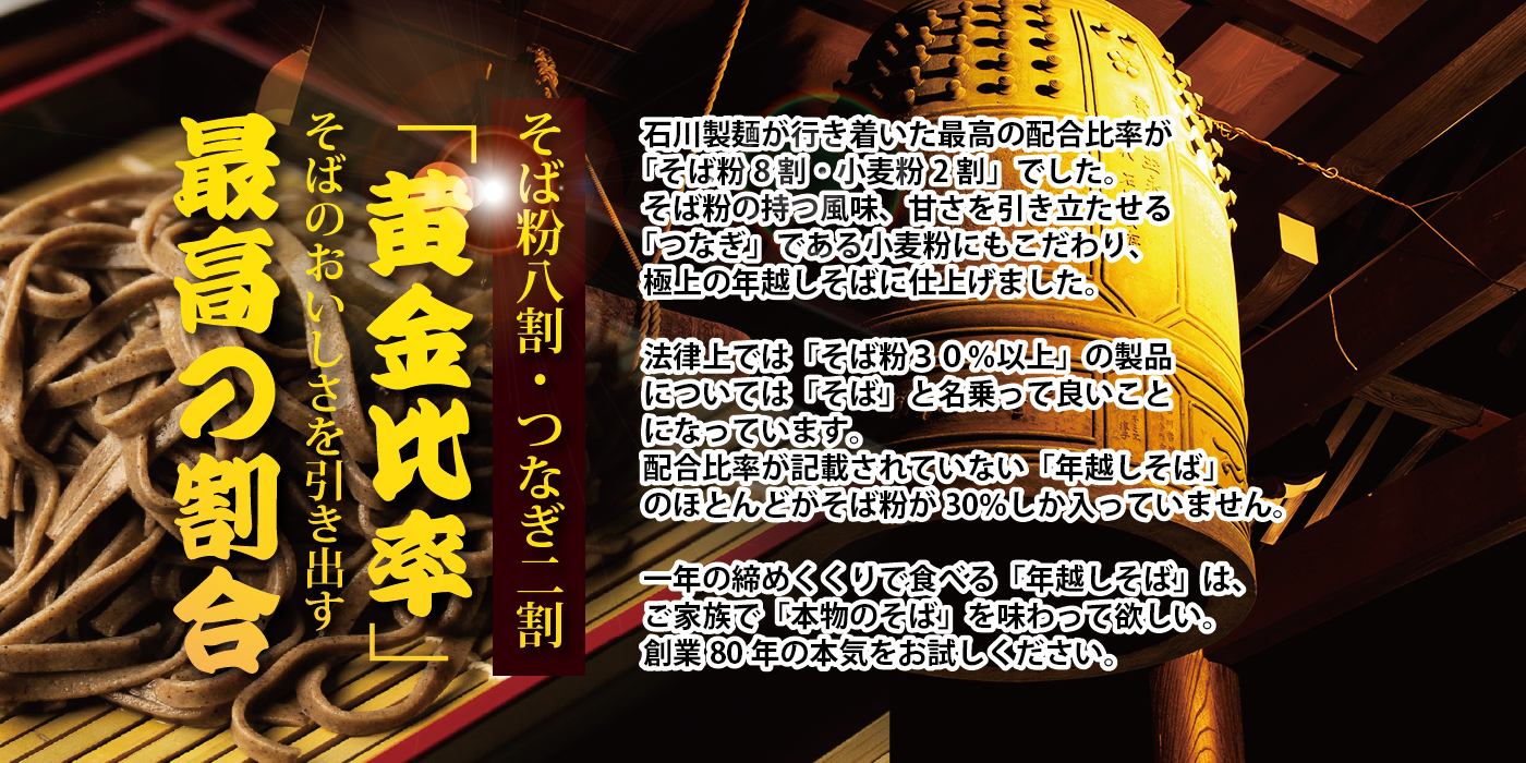 蕎麦粉八割・つなぎ二割「黄金比率」そばのおいしさを引き出す最高の割合 石川製麺が行き着いた最高の配合比率が「曽場粉8割・小麦粉2割」でした。そば粉の持つ風味、甘さを引き立たせる「つなぎ」である小麦粉にもこだわり、極上の年越しそばに仕上げました。法律上では「そば粉30％以上」の製品については「そば」と名乗っていいことになっています。配合比率が記載されていない「年越しそば」のほとんどがそばこ30％しか入っていません。一年の締めくくりで食べる「年越しそば」は、ご家族で「本物のそば」を味わってほしい。石川製麺の本気をお試しください。